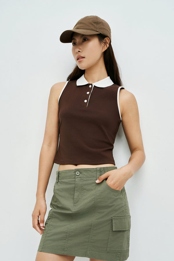 Button Half Placket Cropped Tank Tops
