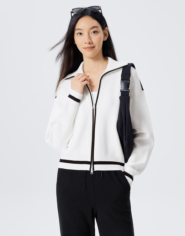 Contrast Hem Full Zip Knitted Cardigans
